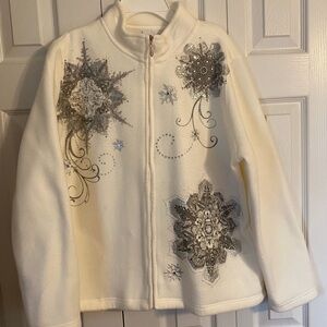 Alfred Dunner Winter White Fleece Jacket with Silver Snowflake Embellishments
